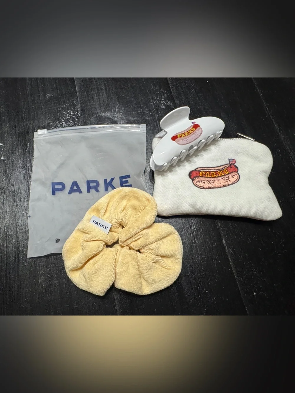 Parke Hotdog Claw Clip, Embroidered Pouch & Scrunchie Set